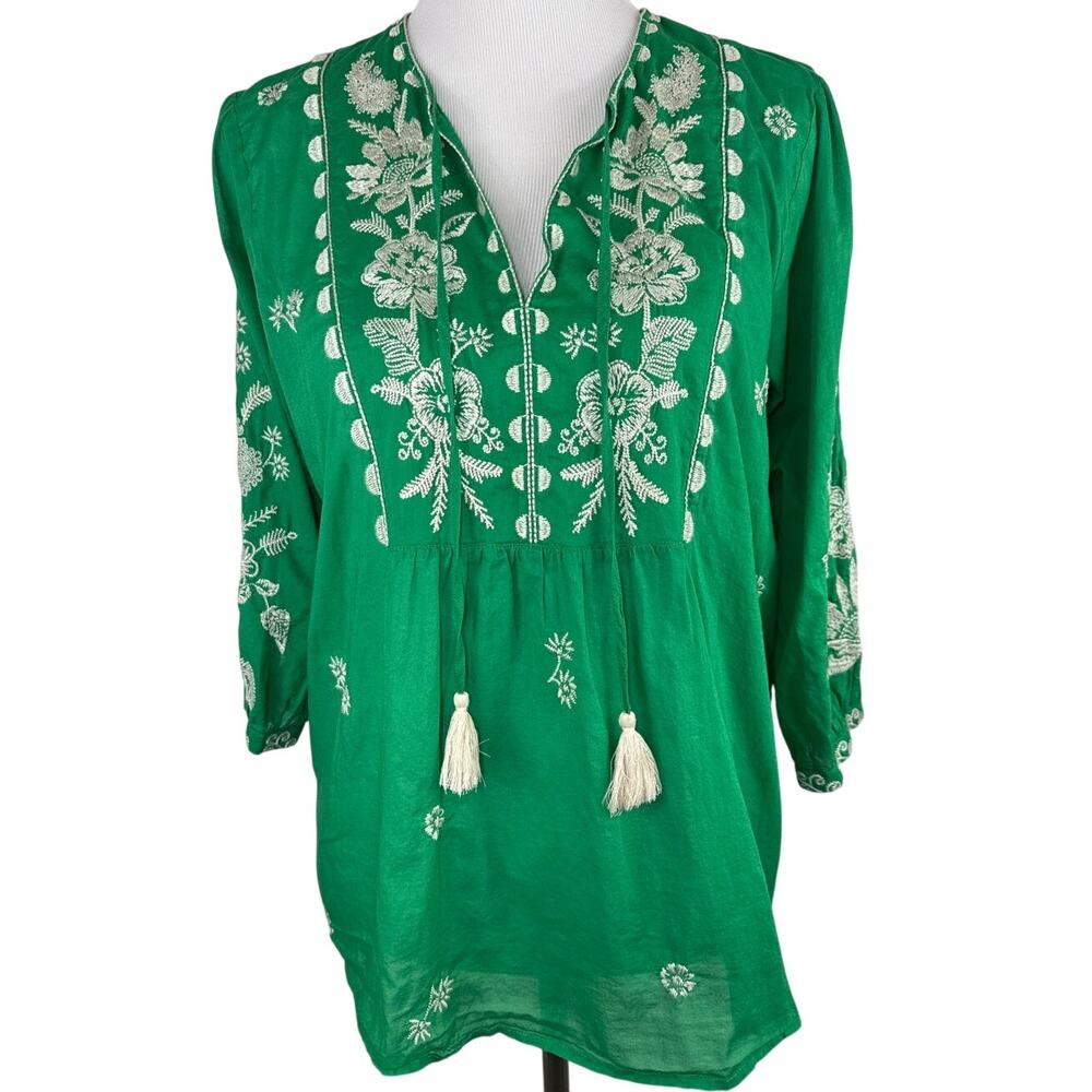 Johnny Was Workshop 3/4 Sleeve Prairie Blouse Green Embroidered, Size Large